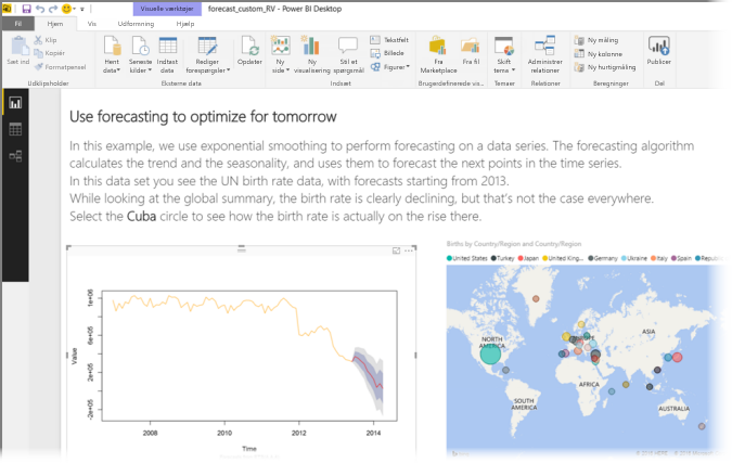 Skærmbillede af det R-drevne prognosevisual, der arbejder med data og projektioner for fødselshyppighed.