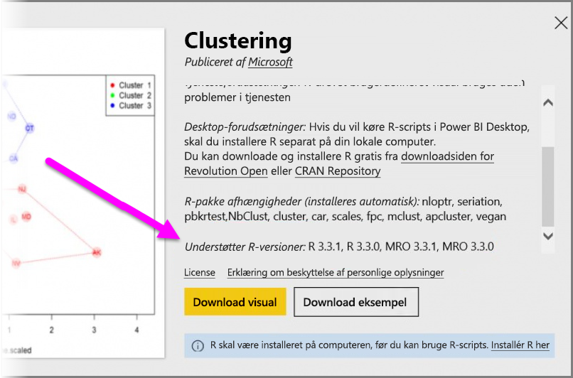 Skærmbillede, der viser de understøttede R-versioner for en power BI R-drevet brugerdefineret visualisering.