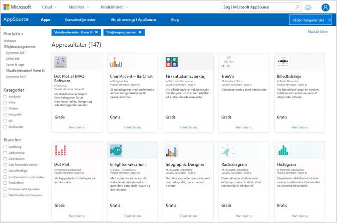 Skærmbillede af AppSource, der er filtreret til Power Platform og Power BI-visualiseringer.