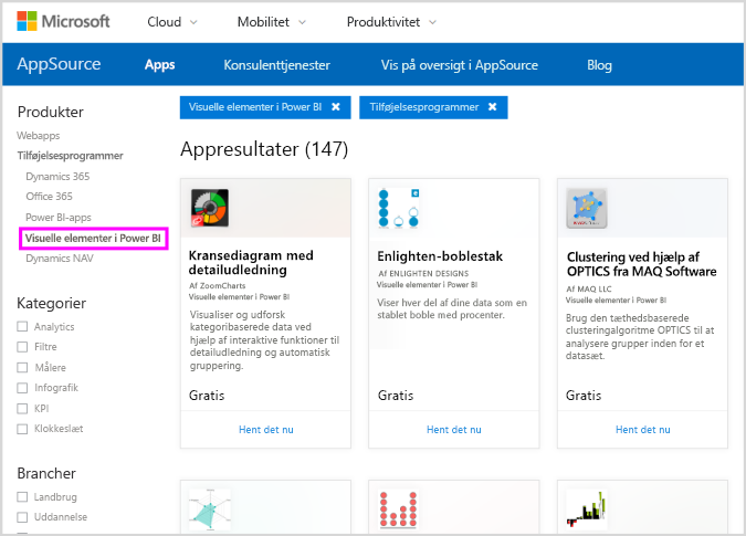 Skærmbillede af AppSource, hvor Power BI-visualiseringer er valgt i ruden til venstre.