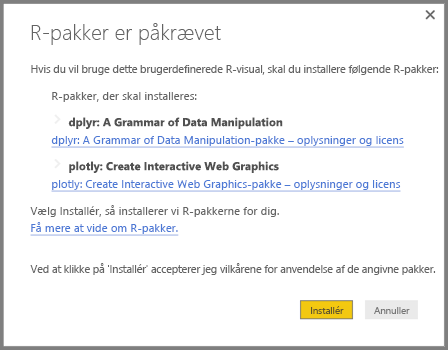 Skærmbillede, der viser de R-pakker, der skal installeres for den R-drevne brugerdefinerede visualisering.