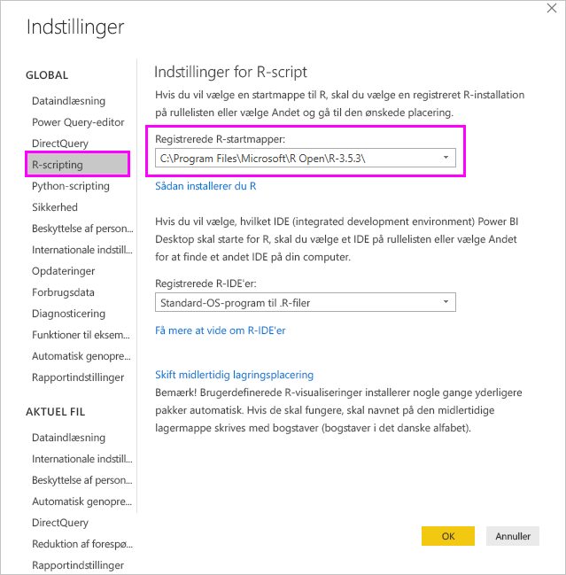 Skærmbillede af siden med indstillinger for R-script, hvor registrerede R-startmapper fremhæves.