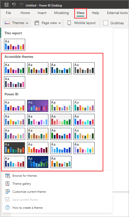 Skærmbillede af rullemenuen Power BI-temaer, der fremhæver alle markeringerne.