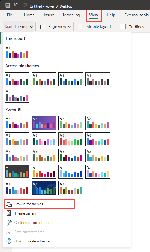 Skærmbillede af rullemenuen Power BI-temaer, der fremhæver Søg efter temaer.