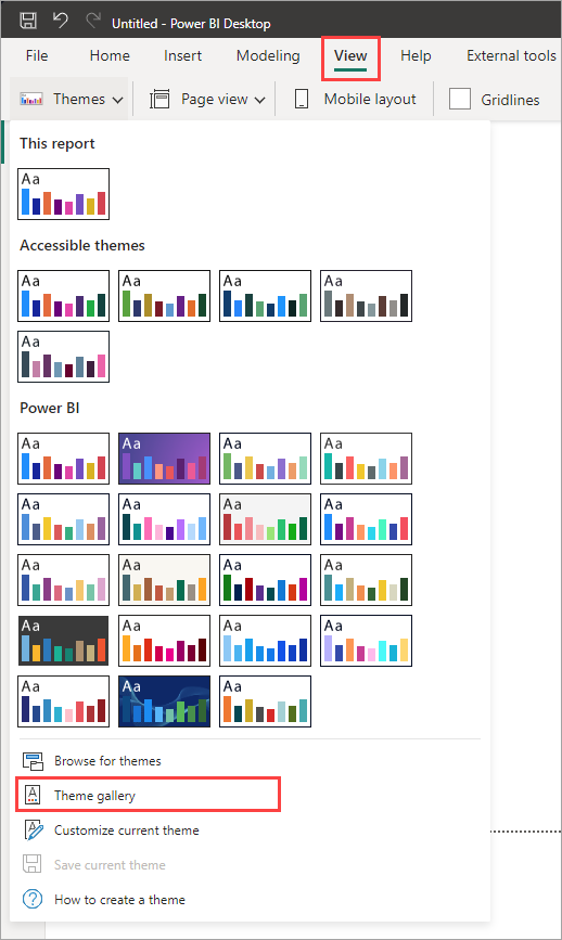 Skærmbillede af rullemenuen Power BI-temaer, der fremhæver temagalleriet.