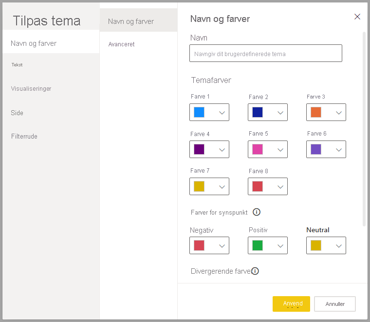 Skærmbillede af dialogboksen Tilpas tema.