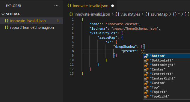 Skærmbillede af brug af rapporttemaskemaet til at identificere tilgængelige formateringsindstillinger. Menuen Autofuldførelse i Visual Studio Code viser tilgængelige formateringsindstillinger.