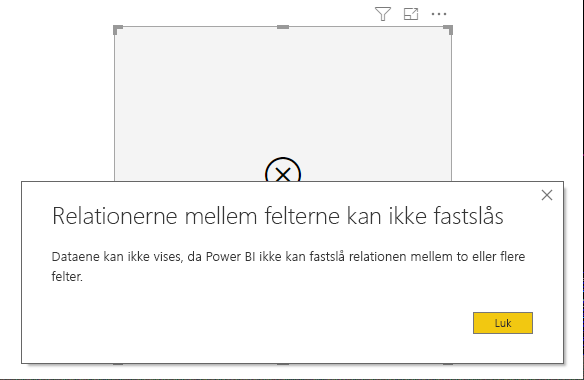 Skærmbillede af en fejldialogboks, der angiver, at relationerne mellem felterne ikke kan bestemmes.