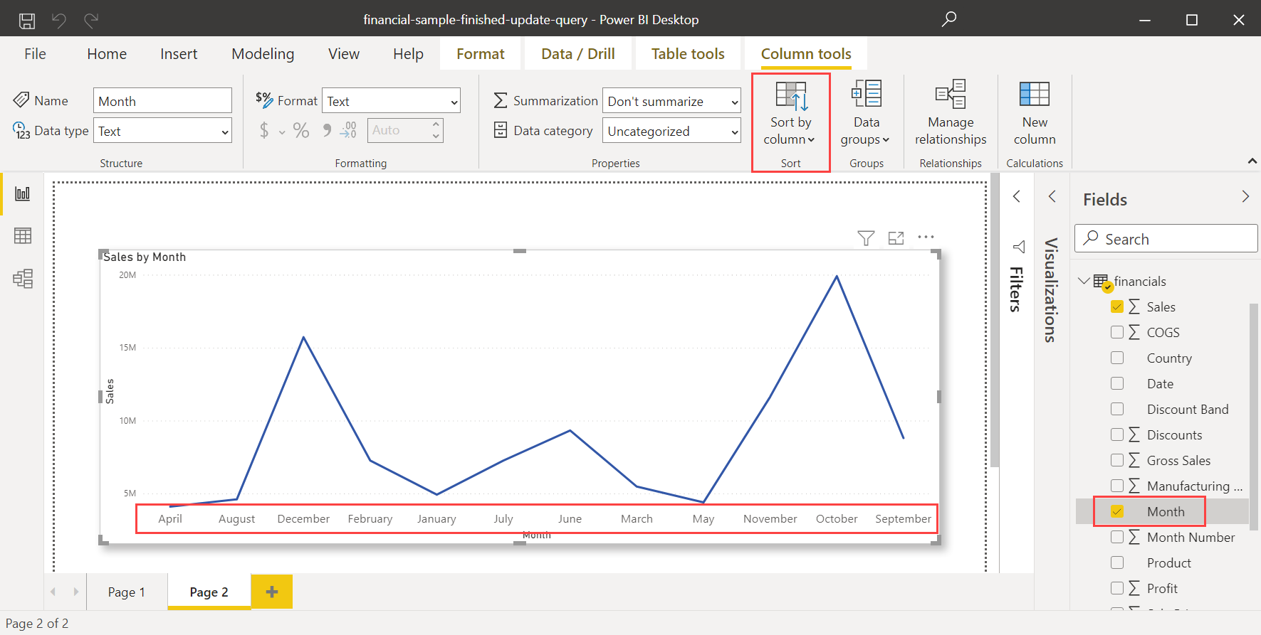 Skærmbillede af et Power BI Desktop-diagram med måneder. Fanen Kolonneværktøjer er aktiv, og knappen Sortér efter kolonne er fremhævet.