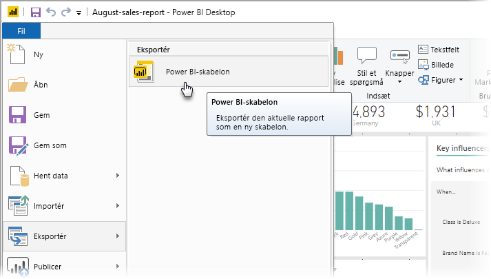 Skærmbillede af Power BI Desktop, der viser eksportindstillinger.