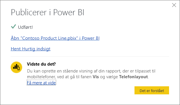 Skærmbillede af den vellykkede dialogboks publicering til Power BI.