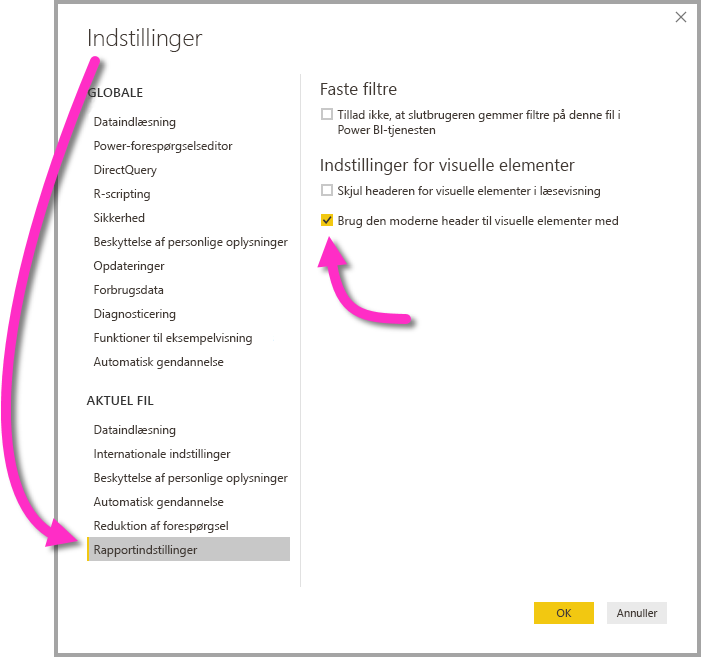 Skærmbillede af menuen Indstillinger, fremhævning af rapportindstillinger og afkrydsningsfeltet Brug den moderne visuelle header med opdaterede formateringsindstillinger.