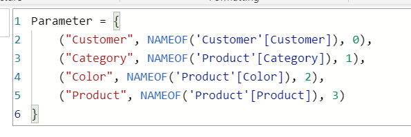 Skærmbillede af eksempel på DAX-parametre, der er angivet i Power BI.