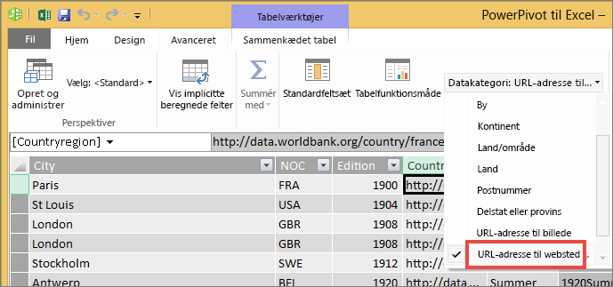 Rullelisten Datakategori i Excel