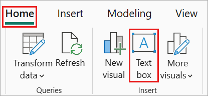 Skærmbillede af Power BI Desktop, hvor indstillingen Indsæt tekstfelt fremhæves.