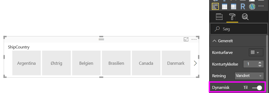 Skærmbillede, der viser, at udsnittet nu er dynamisk i Power BI-tjeneste.