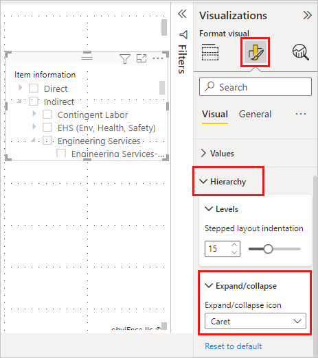 Skærmbillede af Vælg et udvid/skjul-ikon for dit hierarkiudsnit i Power BI Desktop.