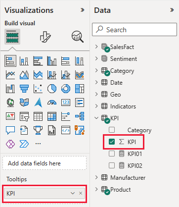 Screenshot shows the Visualizations pane and the Data pane with a value for the tooltip.