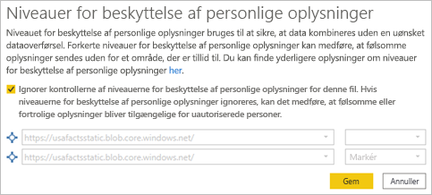 Skærmbillede, der viser, hvordan du vælger niveauer for beskyttelse af personlige oplysninger.