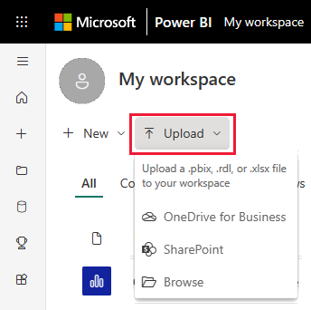 Dette skærmbillede viser Power BI Upload.