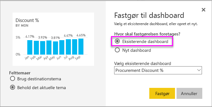 Skærmbillede af vinduet Fastgør til dashboard, hvor eksisterende dashboard fremhæves.