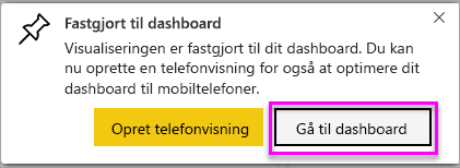 Skærmbillede af en meddelelse om fuldførelse, der fremhæver Gå til dashboard.