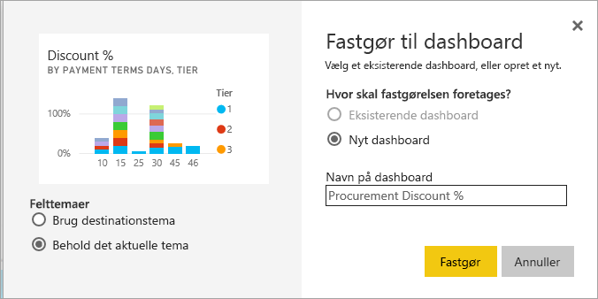 Skærmbillede af vinduet Fastgør til dashboard.