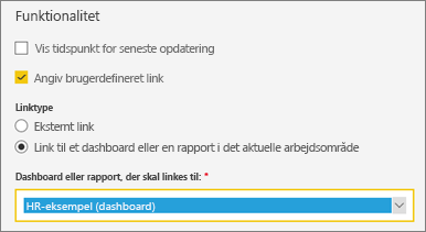 Skærmbillede, der viser dialogboksen Funktionalitet.