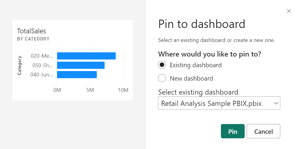 Skærmbillede af dialogboksen Fastgør til dashboard.