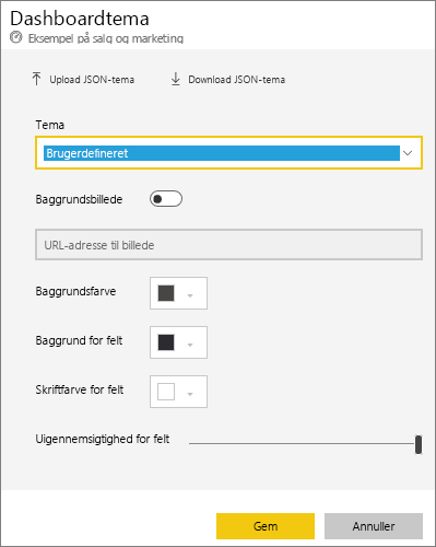 Skærmbillede af dialogboksen Dashboardtema med indstillingen Brugerdefineret tema valgt.