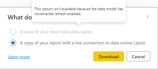 Et skærmbillede af dialogboksen for rapporter, der er baseret på en semantisk model, der er konfigureret til trinvis opdatering.