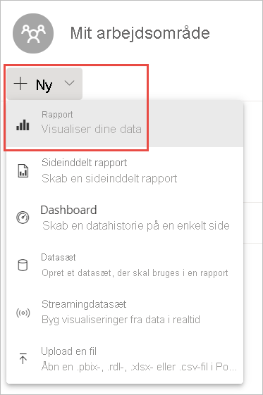 Skærmbillede af Mit arbejdsområde, der fremhæver rullemenuen Ny og indstillingen Ny rapport.