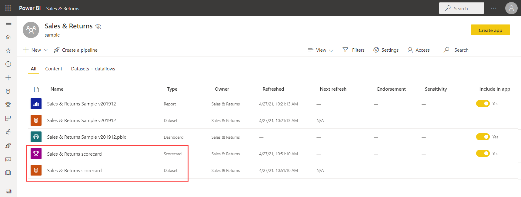 Skærmbillede af det nye scorecard og den semantiske model, som Power BI har oprettet.