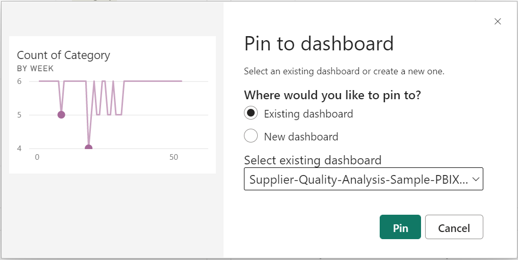 Skærmbillede af dialogboksen Fastgør til dashboard.