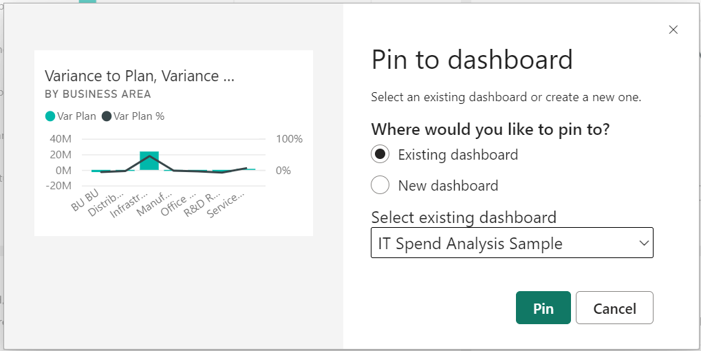 Skærmbillede af dialogboksen Fastgør til dashboard.