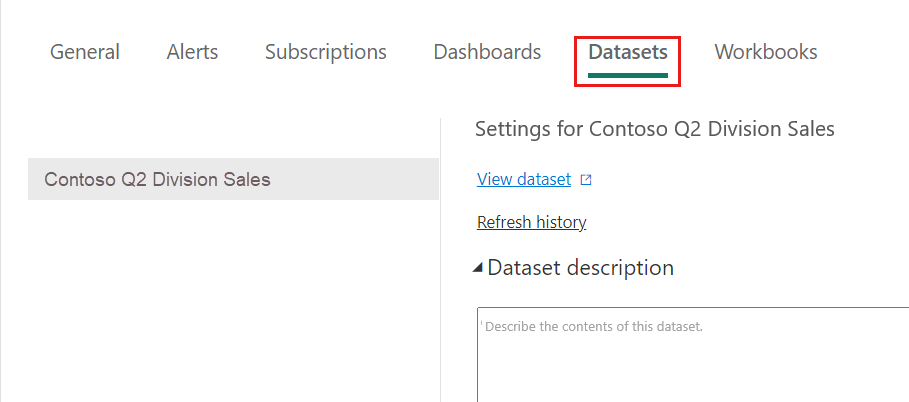 Skærmbillede af datasæt i menuen Indstillinger.