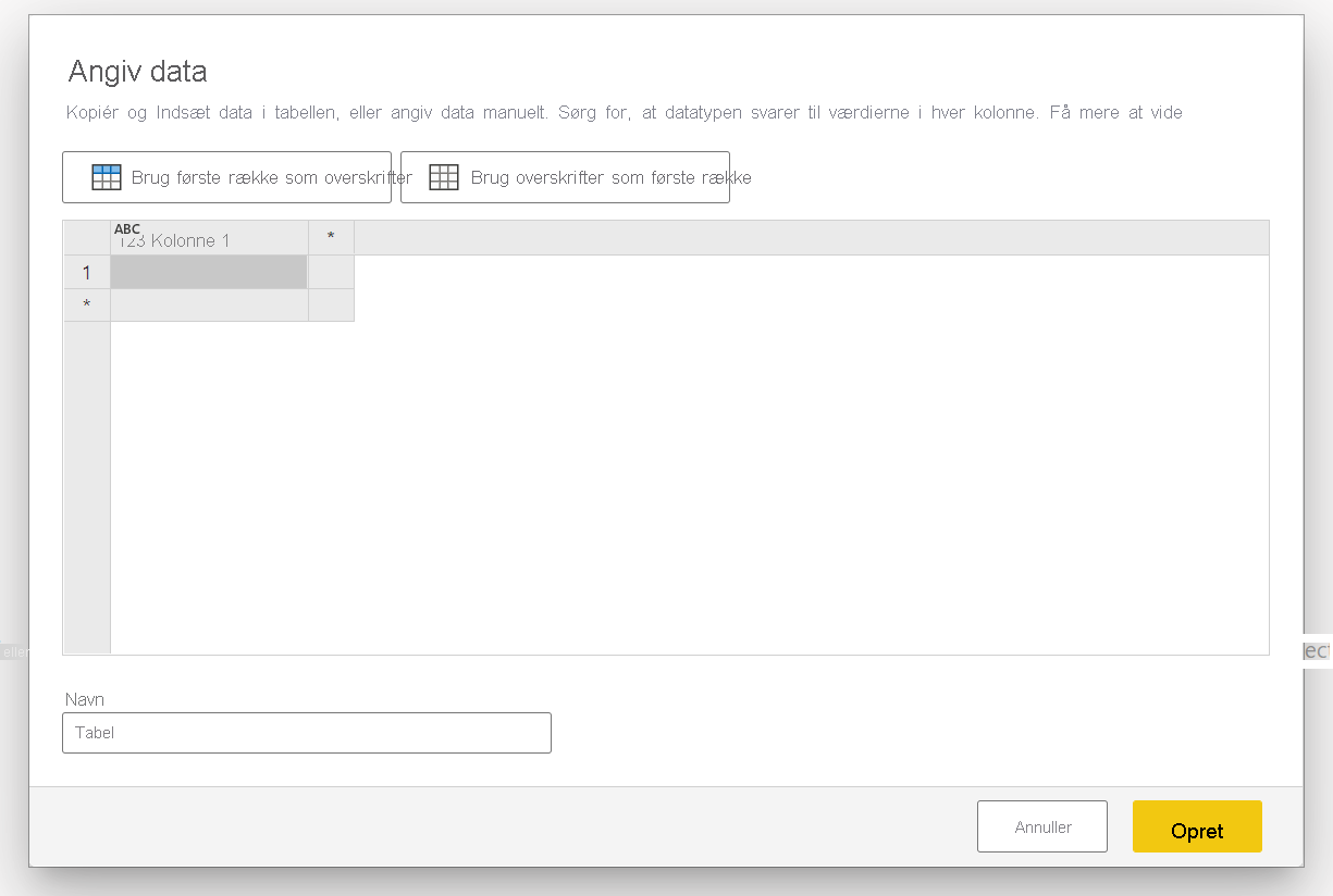 Skærmbillede af Power Query-vinduet til indtastning af data.