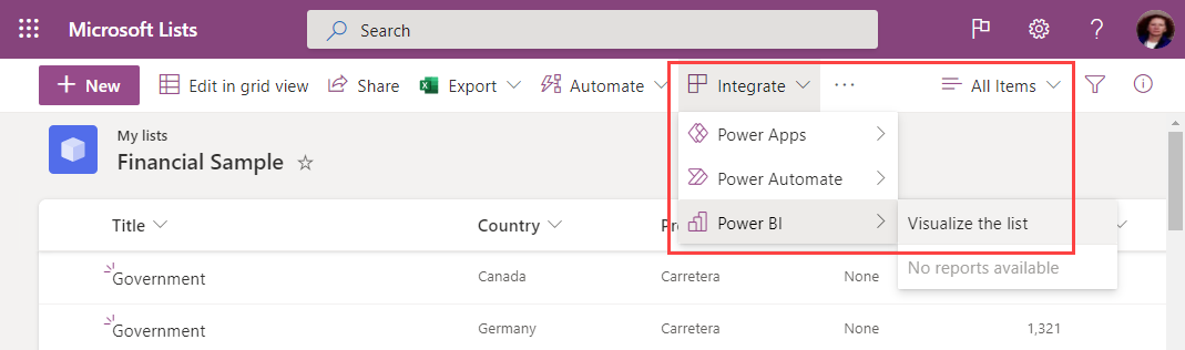 Skærmbillede af Vælg Power BI, Visualiser i Power BI.