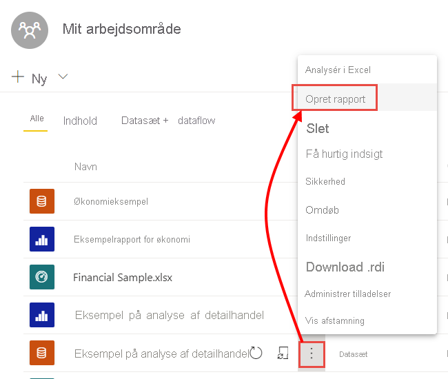 Skærmbillede af Mit arbejdsområde, fremhævning af flere indstillinger og Opret rapport.