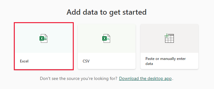 Skærmbillede af dialogboksen Tilføj data for at komme i gang, hvor Excel fremhæves.