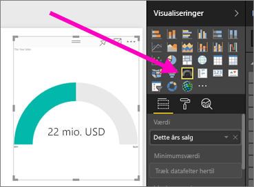 Skærmbillede af visualiseringen og ruden Visualiseringer, der fremhæver skabelonikonet Måler.