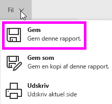Skærmbillede, der fremhæver indstillingen Gem denne rapport.