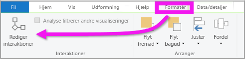 Skærmbillede af menuen Formatér i Power BI Desktop, der fremhæver Rediger interaktioner.