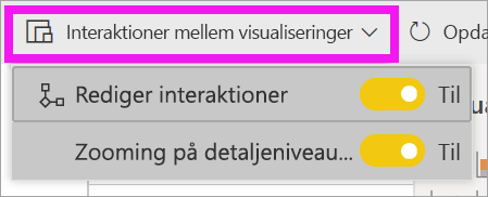 Skærmbillede af Power BI-tjeneste, der fremhæver rullelisten Visuelle interaktioner.