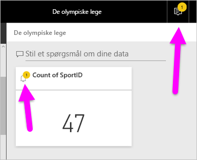 Skærmbillede af meddelelsesikonet og beskeden i Power BI-tjeneste meddelelsescenter.