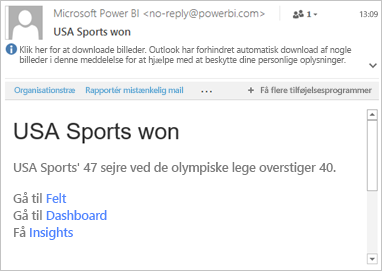 Skærmbillede af en eksempelmail med links til Power BI.