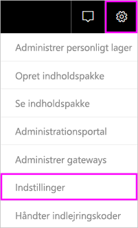 Skærmbillede af Menulinjen i Power BI, der fremhæver tandhjulsikonet og indstillingen Indstillinger.