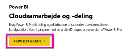 Skærmbillede, der viser tilbuddet om gratis prøveversion af Power BI.