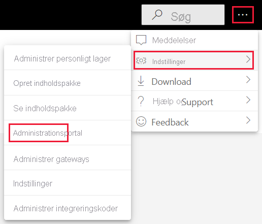 Et skærmbillede, der viser menuindstillingen administratorindstillinger i menuen indstillinger for Power BI-tjenesten.