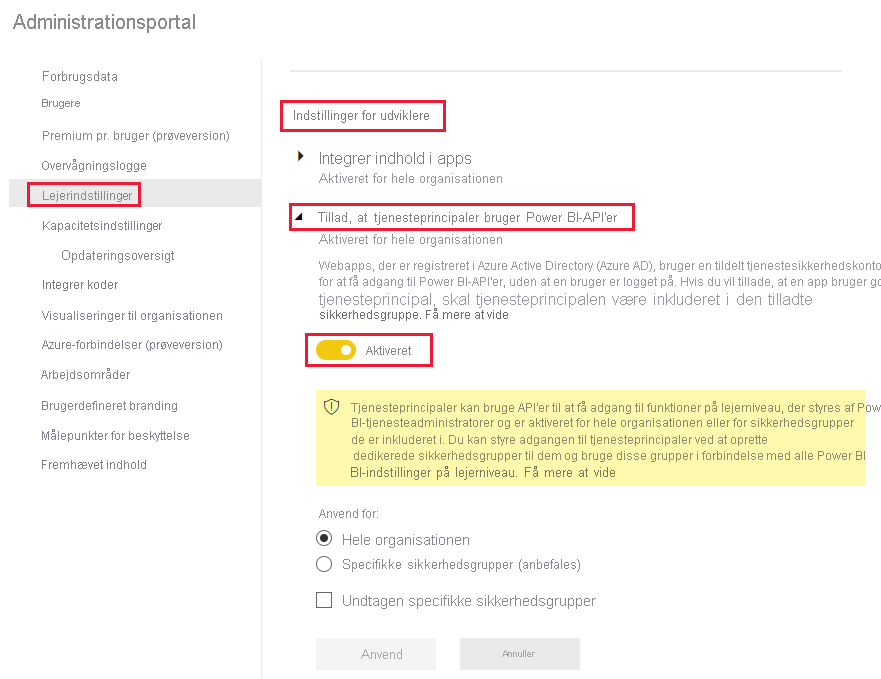 Et skærmbillede, der viser, hvordan du aktiverer indstillingen udviklerindstillinger i menuindstillingen lejerindstillinger i Power BI-tjenesten.